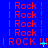 Blue background with red text repeating "I Rock!" in multiple , featuring animated variations of exclamation marks and a small cyan plus symbol in the middle