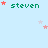 Pixelated green text 'steven' on light blue background with scattered red and white stars, some partially obscured by the text.