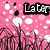 Pixelated pink background with white and black circular shapes, dark vertical lines resembling trees or structures, and a large 'Later' text block in the upper right.