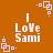 Brown background with repeated white text "I Love Sami" and pink square-dot patterns in pixelated style.