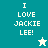 Pixelated text "I LOVE JACKIE LEE!" on teal and light teal backgrounds with two star icons, one white and one teal.
