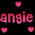 Pixelated pink text 'angie angie' on black background with floating heart shapes.