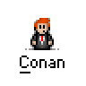 Animated contact sheet of 12 frames showing a pixel art character named Conan in various poses and animations including standing, stacked, and crescent-shaped forms with text bubbles reading WELCOME TO THE CONE-ZONE.
