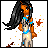Pixel art animation of a character with long black hair and blue accessories, surrounded by falling orange leaves, with text variations changing across frames.