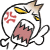 Animated cartoon character with white face, yellow eyes, red anger symbols, and pink mouth in multiple poses against gray background.