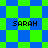 Pixelated green and blue checkered pattern with four instances of the text 'SARAH' in black block letters.