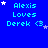 Blue background with repeated text 'Alexis Loves Derek <3' in light blue, each instance accompanied by white and purple star icons.