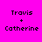 Four pixelated text display 'Travis + Catherine' in black on distinct solid backgrounds