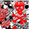 Red skull and crossbones symbol on chaotic background with scattered white dots and black shapes, text "BANG BANG" at top.