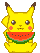 Pixel art of Pikachu holding a watermelon slice in two animation frames with different facial expressions against a gray background.