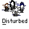 A 4x3 contact sheet of 12 animated frames from a pixel art buddy icon featuring distorted figures and red circular faces with jagged smiles, all labeled "Disturbed" beneath each frame.