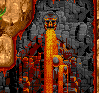 Pixel art depicting a volcanic scene with flowing lava, rocky terrain, and a central structure emitting molten material.