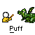 Pixel art animation of a green dragon and yellow wizard figure with white smoke, showing sequential changes in the dragon's mouth and the wizard's staff.
