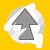 Gray arrow pointing upward with white and gray motion trails on a solid yellow background.