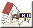 Pixel art of a dog in a white house with red roof, next to a sign reading 'HOME', showing two distinct facial expressions.