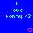Blue background with light blue text reading "i love ronny <3" and two pink pixelated hearts at the bottom.