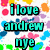 A colorful pixelated image with text "i love andrew nye" in varying colors over a floral background.