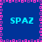 Blue background with pink and purple pixelated border, four instances of cyan text "SPAZ" arranged in a