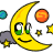 Pixelated yellow crescent moon with green eyes and a smile, surrounded by small stars, a blue planet, an orange sun-like circle, and a gray cloud.