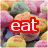 four shows a background of colorful cereal pieces with red text overlays reading 'eat', 'and', and 'cry' in the top-left, top-right, and bottom-left positions