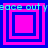 Four square with alternating blue and pink borders display a sequence of nested square patterns, with cyan text reading "peace out" repeated across the top and bottom