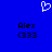 Blue background with white pixelated heart symbol above two identical black text blocks reading "Alex" and "<333".