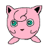 Pink round cartoon character with black-tipped ears, green eyes in first frame and closed eyelashes in second frame against gray background.