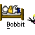 Pixelated animation of a character with blonde hair and pink top interacting with kitchen items on shelves, labeled 'Bobbitt' below.