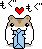Pixel art hamster with brown and white fur, blue clothing, red heart above head, and black Japanese text on gray background.