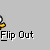 A contact sheet of seven animated frames showing a yellow stick figure flipping out with white circular eyes, displayed on a gray background with "Flip Out" text beneath each frame.