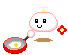 Pixelated character with white rounded body, black square eyes, yellow antenna, and pink outline holding red frying pan with fried egg.