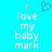 A static pixel art image with a bright cyan background, white text reading "i love my baby mark," and a blue heart symbol above the word "love." The text is arranged vertically in five lines.