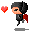 Pixel art character with black hair and red cape walks left to right, heart symbol appears then vanishes above head.