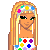 Animated pixel art contact sheet showing a blonde doll character in various poses with colorful flower patterns, text elements, and repeated background details across sampled frames.