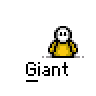 Animated contact sheet of a pixel art character performing various actions including standing, holding objects, and text display, with repeated "Giant" labels beneath each frame.