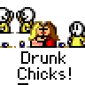 A 4-frame animated contact sheet showing pixel art characters in a kissing pose with text "Drunk Chicks!" below each frame, featuring yellow stick figures and two women with red lips and brown hair.