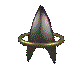 A circular gold ring encircles a dark metallic object with three pointed tips rotating clockwise against a gray background.