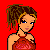 Pixelated character with brown dreadlocks in red halter top, white pants with blue dots, and a red corset-like torso against solid red background.