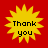Yellow pixelated starburst shape on solid red background with black text reading 'Thank you' in two lines.