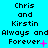 Pixelated text displays 'Chris and Kirstin Always and Always and Always and Forever' with varying pink symbols at the end of each line on a cyan background.