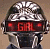 Pixelated static icon of a helmeted figure with red digital display showing "GAL" on the faceplate, metallic silver and black color scheme against brown background.