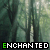 A forest scene with the word ENCHANTED displayed in pixelated text, where the letter E is green in the top , H in the middle , and T in the bottom