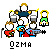 Pixel art of a band with four members playing instruments under the text 'Qzma' on gray background.