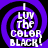 Four identical pixelated display 'I LUV THE COLOR BLACK!' text over purple and black spiral backgrounds with white lettering