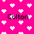 A static image with a bright pink background covered in white pixelated hearts, featuring four instances of the name "Colton" in black text.