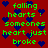 Red background with blue heart shapes and green text reading 'falling hearts : someones heart just broke' repeated in a pattern