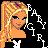 Pixelated 48x48 buddy icon featuring a blonde cartoon girl with long hair and orange top against black background, partially obscured by white text fragments.