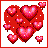 Two side-by-side animated frames of a pixelated heart-themed buddy icon with red and pink hearts on white background, showing frame-to-frame changes in heart positions.