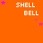 Orange background with repeated 'SHELL BELL' text and pink stars, some stars move across frames.