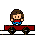 Pixel art character with brown hair and red shirt on a red cart, showing sequential animation frames of head movement from left to right.